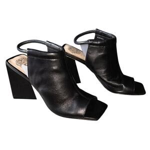 Vince Camuto Avangila Open Toe Black Leather 4" Heel Pumps Sandals 7.5